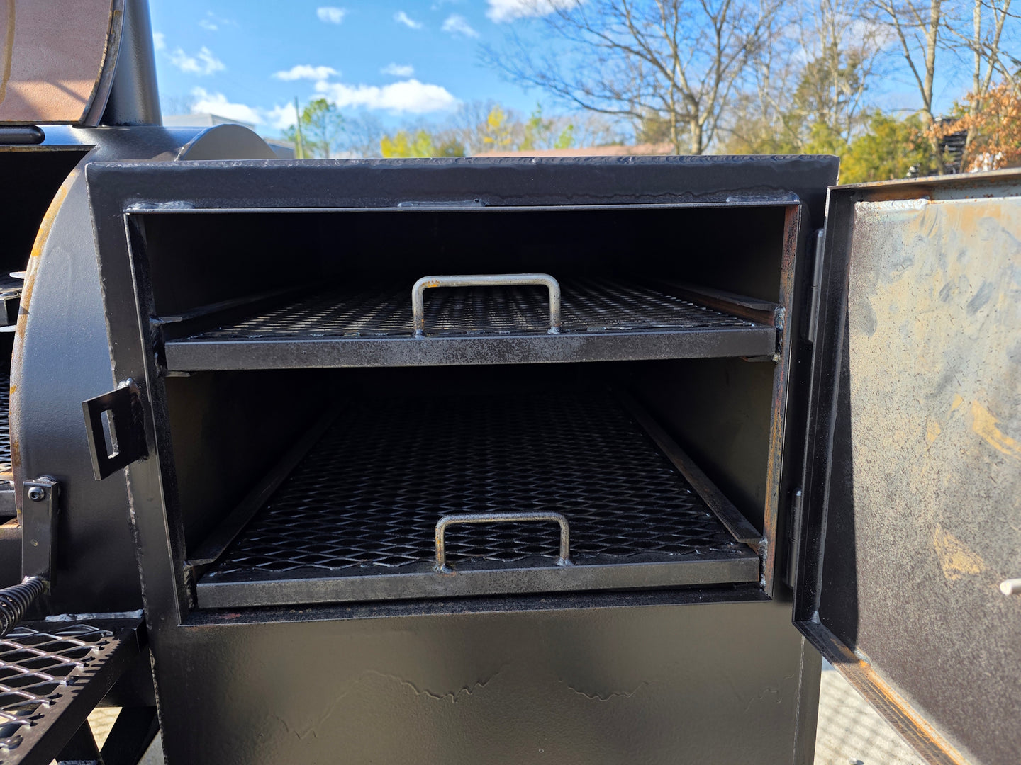 BBQ Smoker 300 Gallon Pull Behind Trailer 2 Door 1/2 Smoker 1/2 Charcoal Grill warming box inside view picture 2