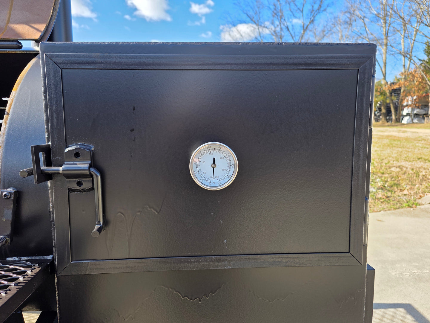 BBQ Smoker 300 Gallon Pull Behind Trailer 2 Door 1/2 Smoker 1/2 Charcoal Grill warming box front picture 