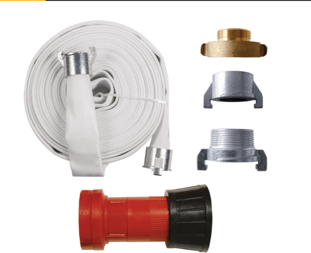 BE 50.015.010 1.5" Fire Hose Discharge Kit - 50' High-Pressure Hose, Nozzle, and 2" Adapters