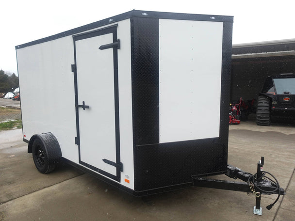 7x12 Enclosed Trailer White V - Nose Blackout Package 3,500lb Axle Storage - SLE Equipment - 1