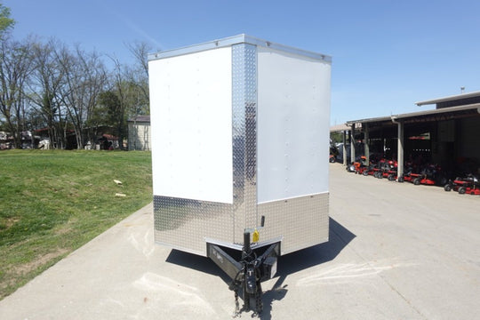 7x18 White Hybrid Enclosed V Nose (2) 7K Axles 2 Ft Fold Down Mesh Sides Pintle Hitch - SLE Equipment - 3