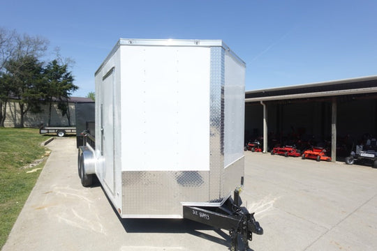 7x18 White Hybrid Enclosed V Nose (2) 7K Axles 2 Ft Fold Down Mesh Sides Pintle Hitch - SLE Equipment - 4
