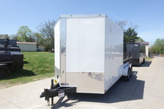 7x18 White Hybrid Enclosed V Nose (2) 7K Axles 2 Ft Fold Down Mesh Sides Pintle Hitch - SLE Equipment - 2