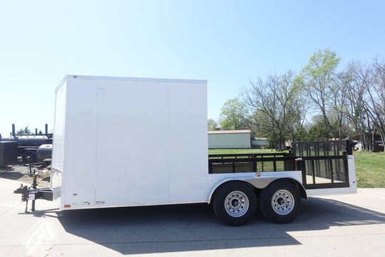 7x18 White Hybrid Enclosed V Nose (2) 7K Axles 2 Ft Fold Down Mesh Sides Pintle Hitch - SLE Equipment - 5