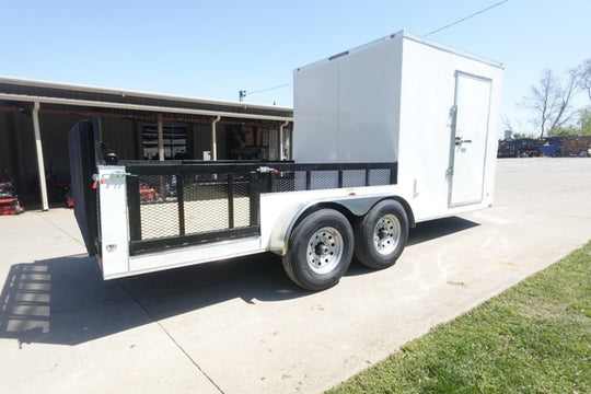 7x18 White Hybrid Enclosed V Nose (2) 7K Axles 2 Ft Fold Down Mesh Sides Pintle Hitch - SLE Equipment - 1