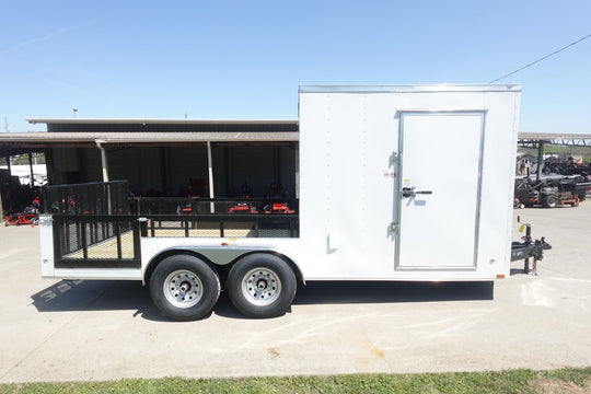 7x18 White Hybrid Enclosed V Nose (2) 7K Axles 2 Ft Fold Down Mesh Sides Pintle Hitch - SLE Equipment - 10