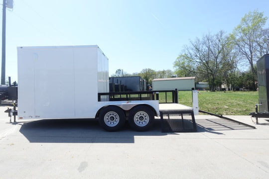 7x18 White Hybrid Enclosed V Nose (2) 7K Axles 2 Ft Fold Down Mesh Sides Pintle Hitch - SLE Equipment - 12