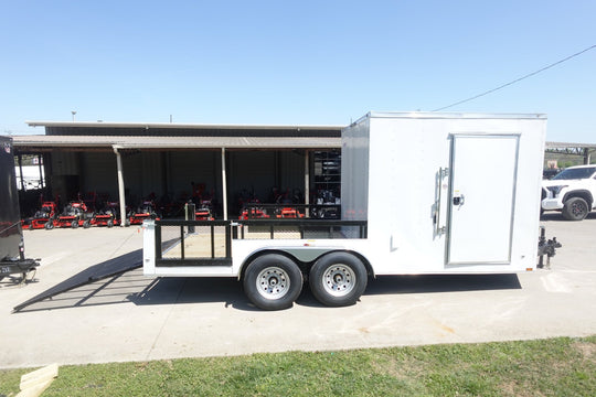 7x18 White Hybrid Enclosed V Nose (2) 7K Axles 2 Ft Fold Down Mesh Sides Pintle Hitch - SLE Equipment - 17