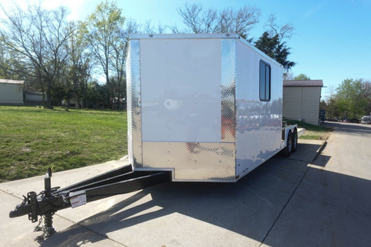 8.5x24 White Hybrid Enclosed V nose (2) 7K axles (2) 30x30 Windows No rails Pintle Hitch - SLE Equipment - 3