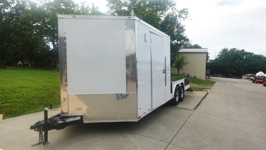 8.5' x 20' White V-Nose Hybrid Enclosed Trailer – Dual 7K Axles Front Left
