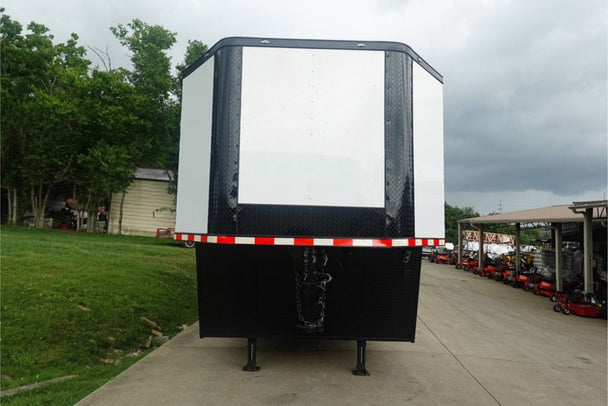8.5x42 White With Black Out Trim Gooseneck King Pin Fifth Wheel Enclosed Trailer (3) 8K Front View