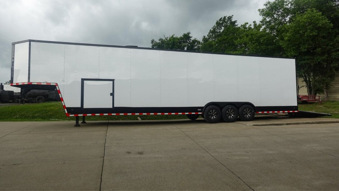 8.5x42 White With Black Out Trim Gooseneck King Pin Fifth Wheel Enclosed Trailer (3) 8K Left Side View