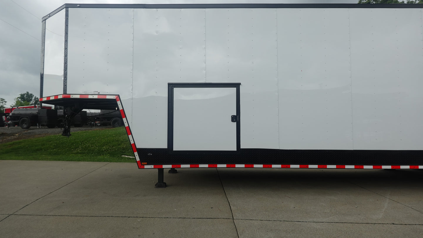 8.5x42 White With Black Out Trim Gooseneck King Pin Fifth Wheel Enclosed Trailer (3) 8K Front Left Side View
