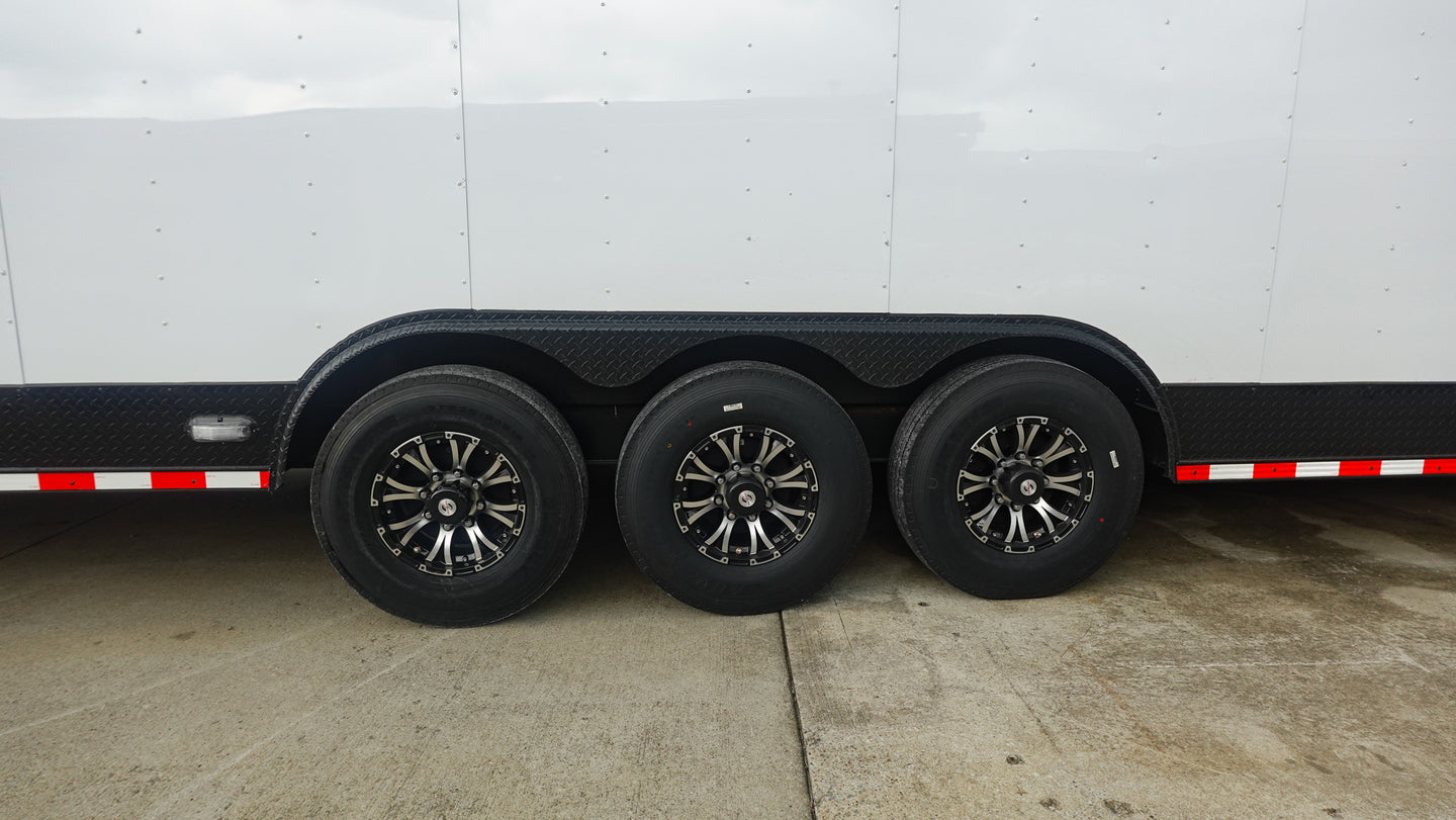 8.5x42 White With Black Out Trim Gooseneck King Pin Fifth Wheel Enclosed Trailer (3) 8K Left Axles