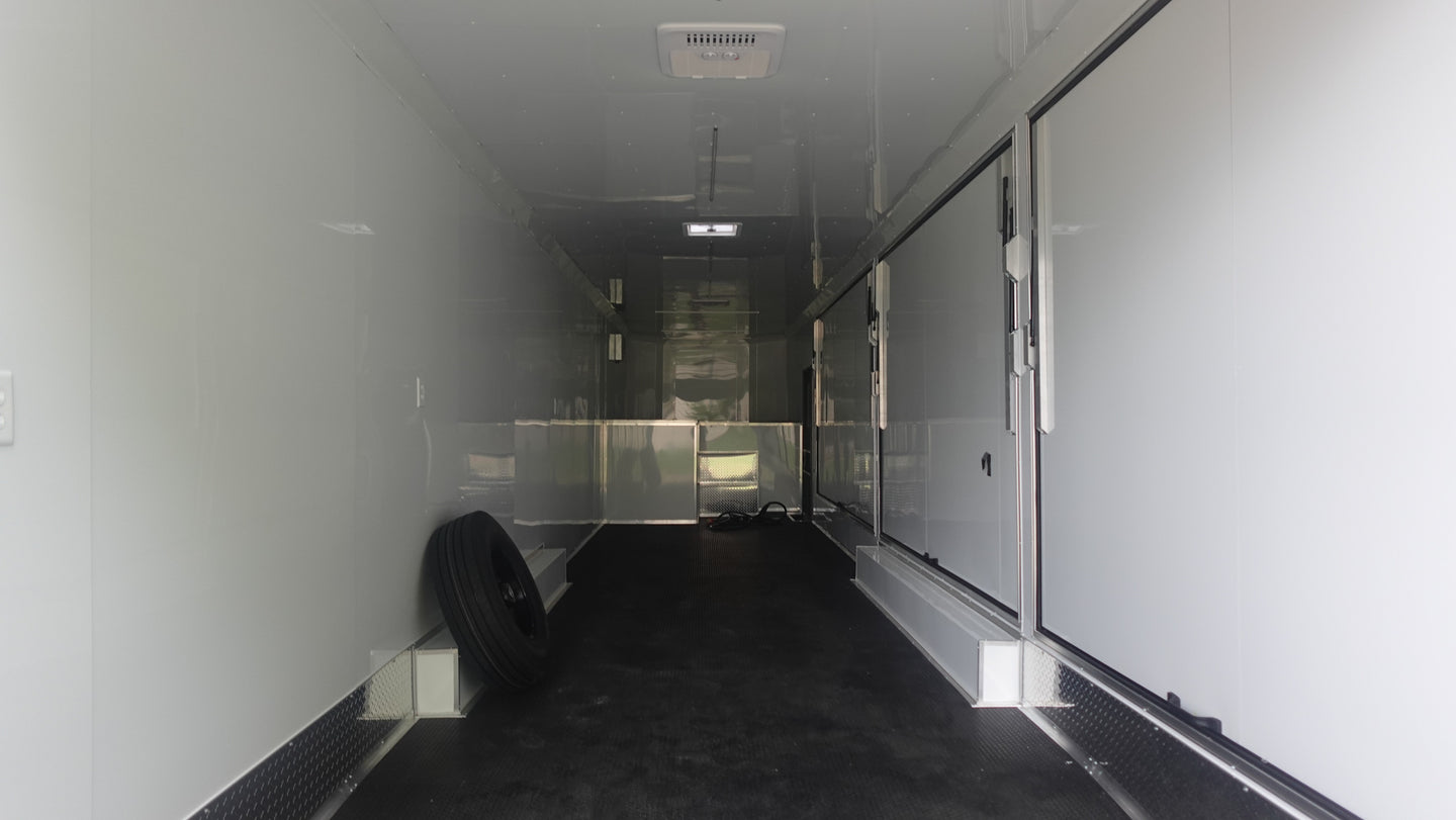 8.5x42 White With Black Out Trim Gooseneck King Pin Fifth Wheel Enclosed Trailer (3) 8K Inside Front