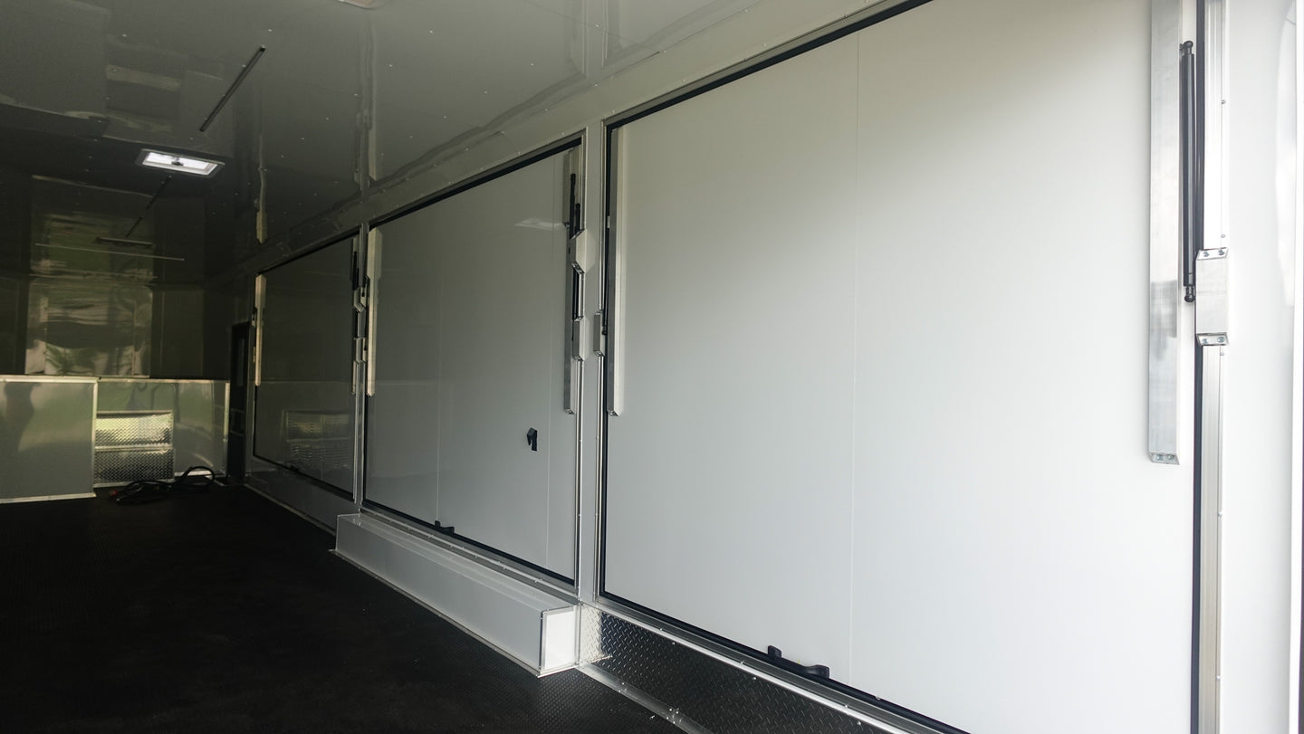 8.5x42 White With Black Out Trim Gooseneck King Pin Fifth Wheel Enclosed Trailer (3) 8K Inside Right Doors