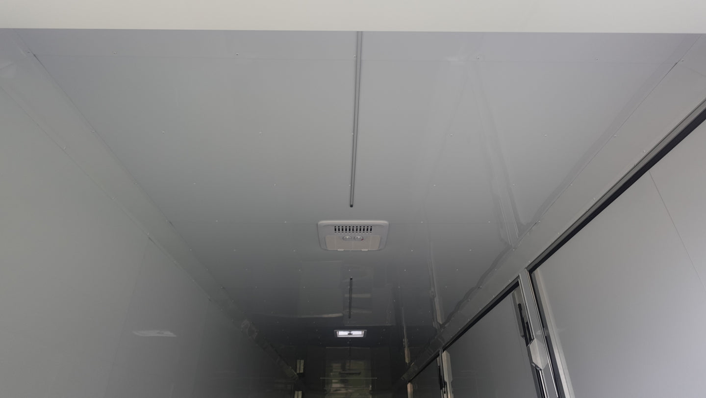 8.5x42 White With Black Out Trim Gooseneck King Pin Fifth Wheel Enclosed Trailer (3) 8K Roof Air Conditioner