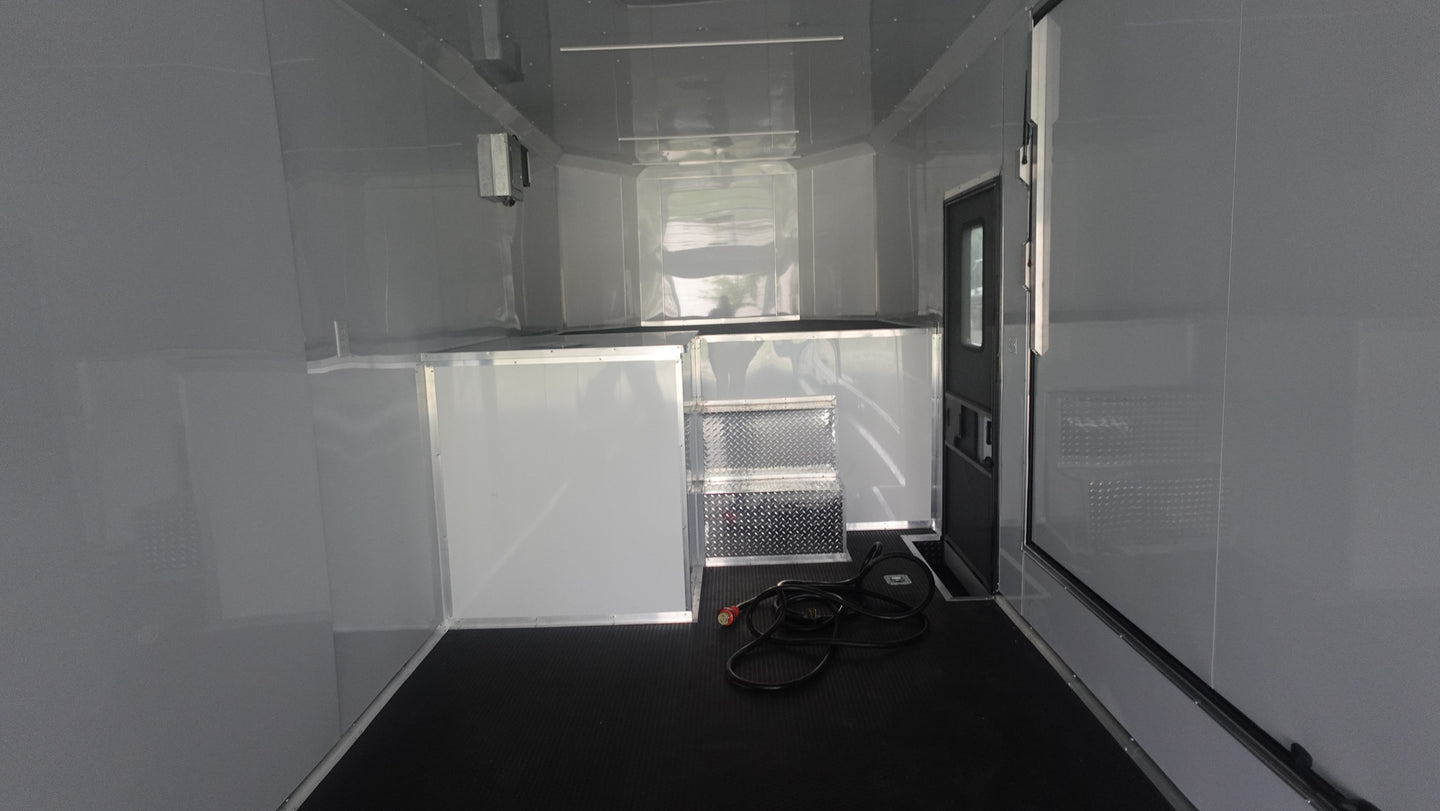8.5x42 White With Black Out Trim Gooseneck King Pin Fifth Wheel Enclosed Trailer (3) 8K GN Lifted Storage