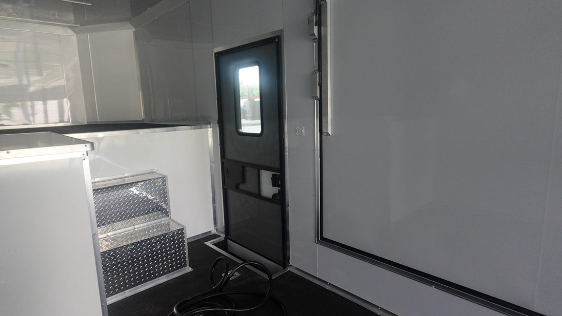 8.5x42 White With Black Out Trim Gooseneck King Pin Fifth Wheel Enclosed Trailer (3) 8K Right RV Style Door