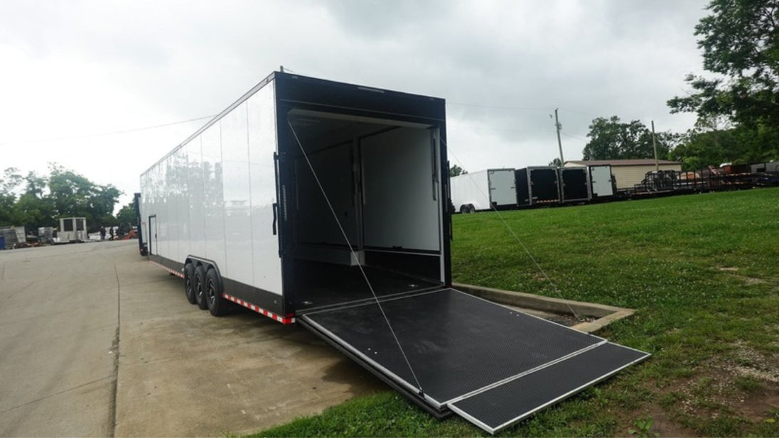 8.5x42 White With Black Out Trim Gooseneck King Pin Fifth Wheel Enclosed Trailer (3) 8K Rear Left Ramp