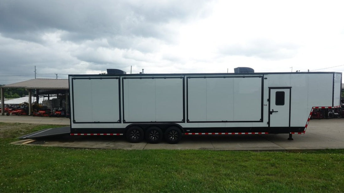 8.5x42 White With Black Out Trim Gooseneck King Pin Fifth Wheel Enclosed Trailer (3) 8K Right Side View