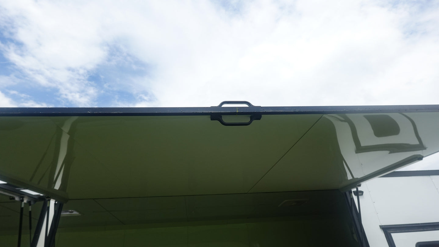 8.5x42 White With Black Out Trim Gooseneck King Pin Fifth Wheel Enclosed Trailer (3) 8K Lift Door Handle