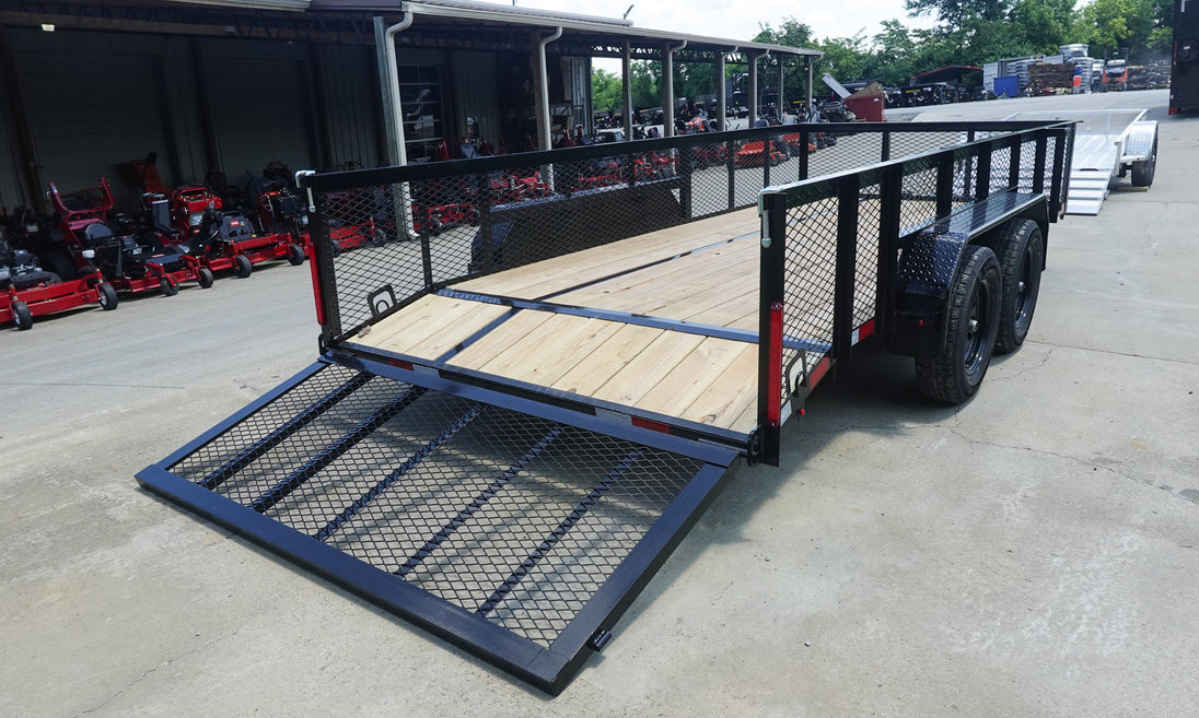 7X16 Dovetail Utility Trailer 2ft Mesh (2) 3500lb Axles Right Rear Open Gate