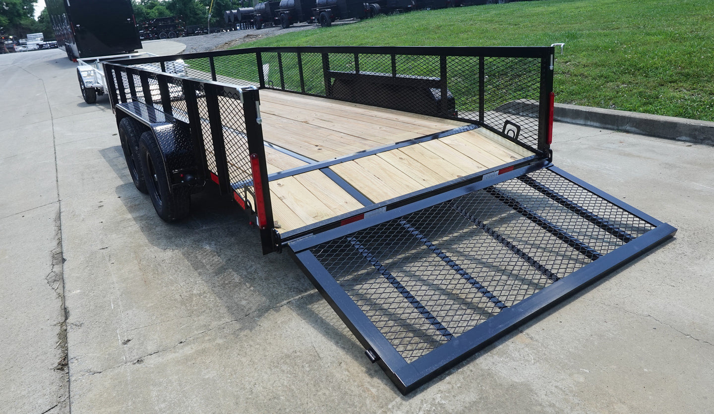 7X16 Dovetail Utility Trailer 2ft Mesh (2) 3500lb Axles Left Rear Open Gate