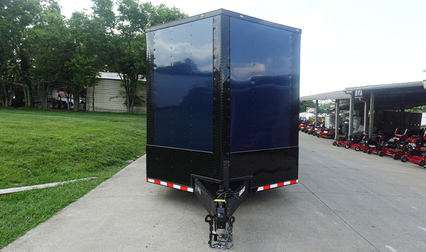 8.5X36 Indigo Blue With Black Out Enclosed Trailer With Escape Doors E Track Floor (3) 7K Axles 21K GVWR 
Front