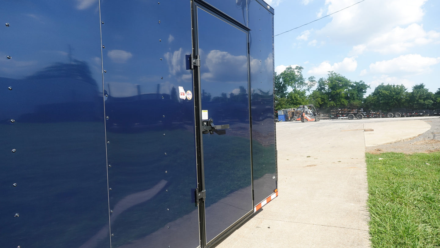8.5X36 Indigo Blue With Black Out Enclosed Trailer With Escape Doors E Track Floor (3) 7K Axles 21K GVWR Front RV Style Door