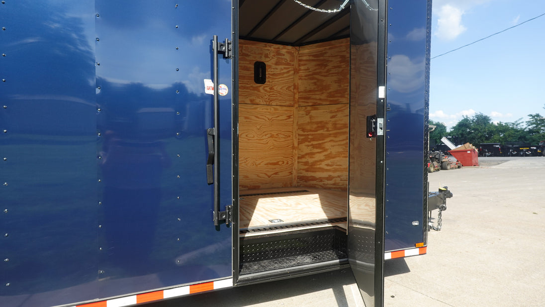8.5X36 Indigo Blue With Black Out Enclosed Trailer With Escape Doors E Track Floor (3) 7K Axles 21K GVWR Front RV Style Door