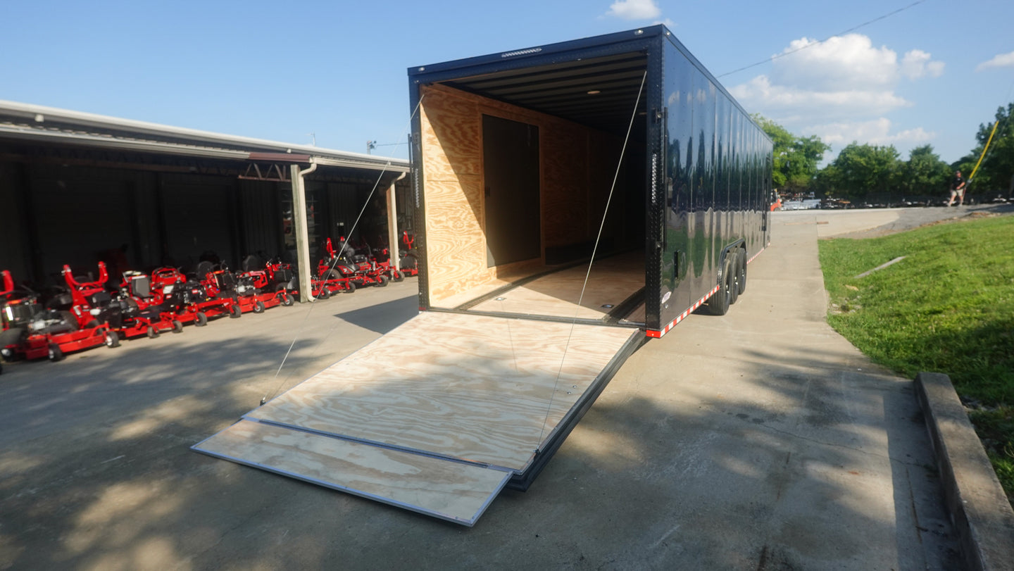 8.5X36 Indigo Blue With Black Out Enclosed Trailer With Escape Doors E Track Floor (3) 7K Axles 21K GVWR Rear Ramp Down Right