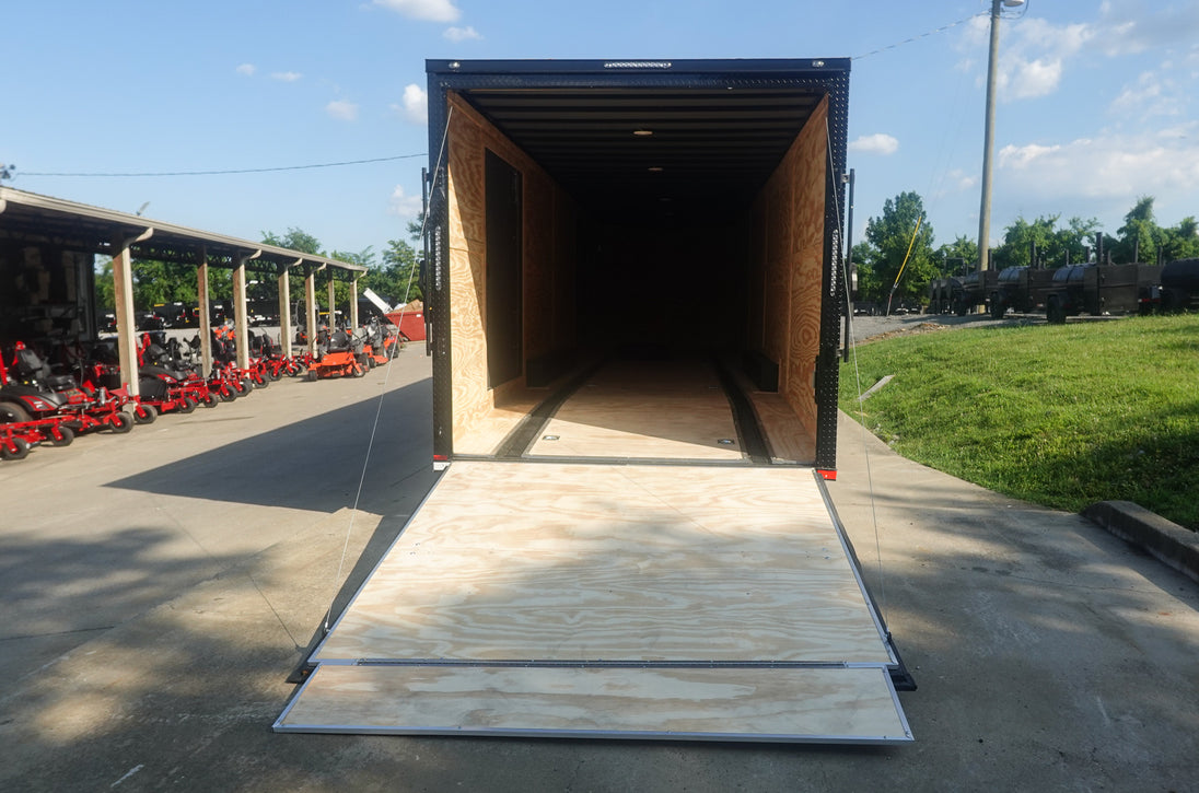 8.5X36 Indigo Blue With Black Out Enclosed Trailer With Escape Doors E Track Floor (3) 7K Axles 21K GVWR Rear Ramp Down 