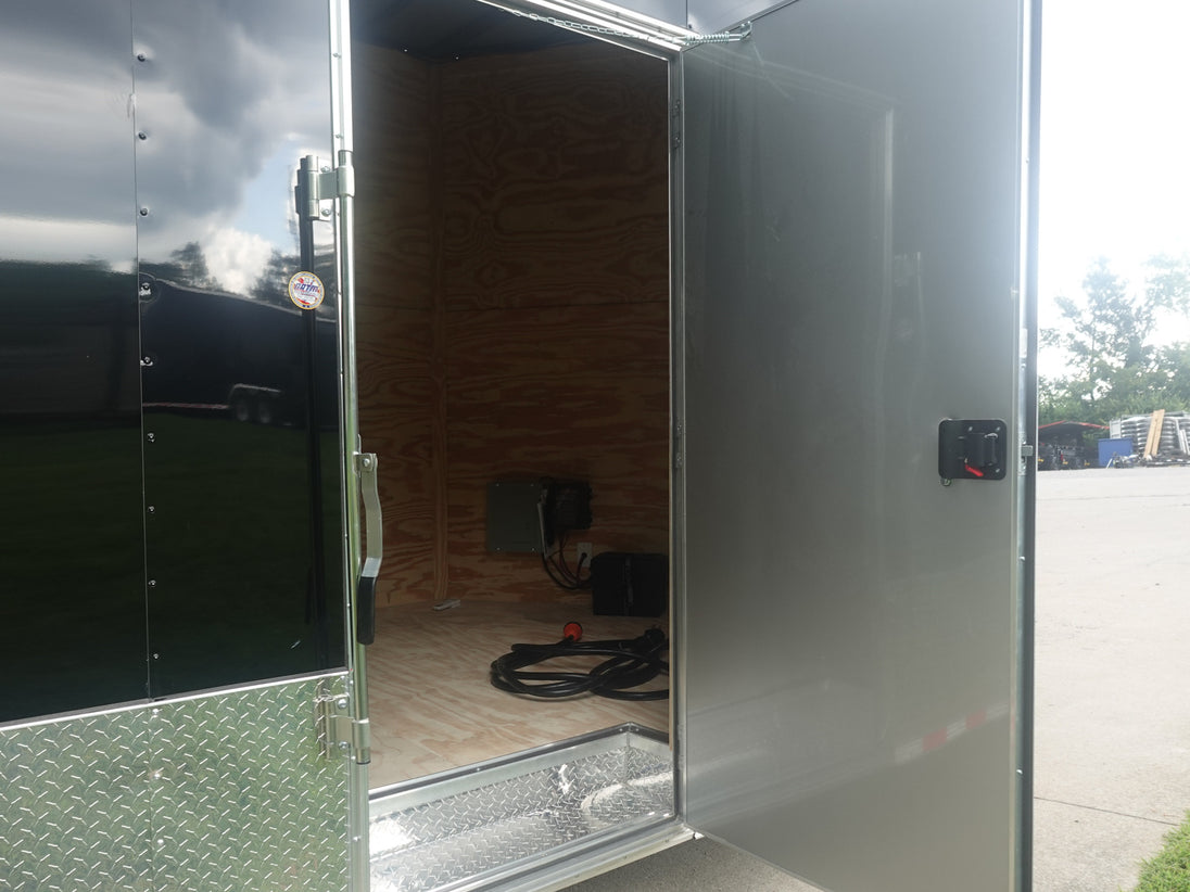 8.5x30 Black Enclosed 2-5200lb Axles 9' Interior Height with Winch Side Door Open