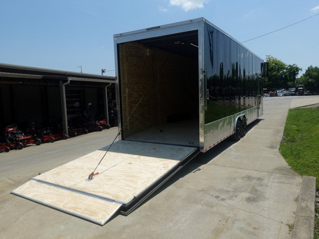 8.5x30 Black Enclosed 2-5200lb Axles 9' Interior Height with Winch Rear Ramp Lowered Right Side