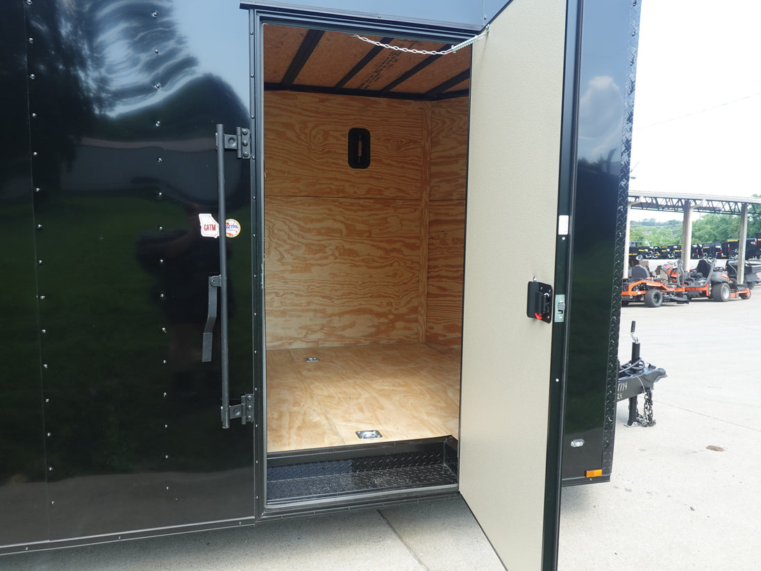 8.5x24 V-Nose Enclosed Trailer (2) 7000LB Axles with Wench Door Open