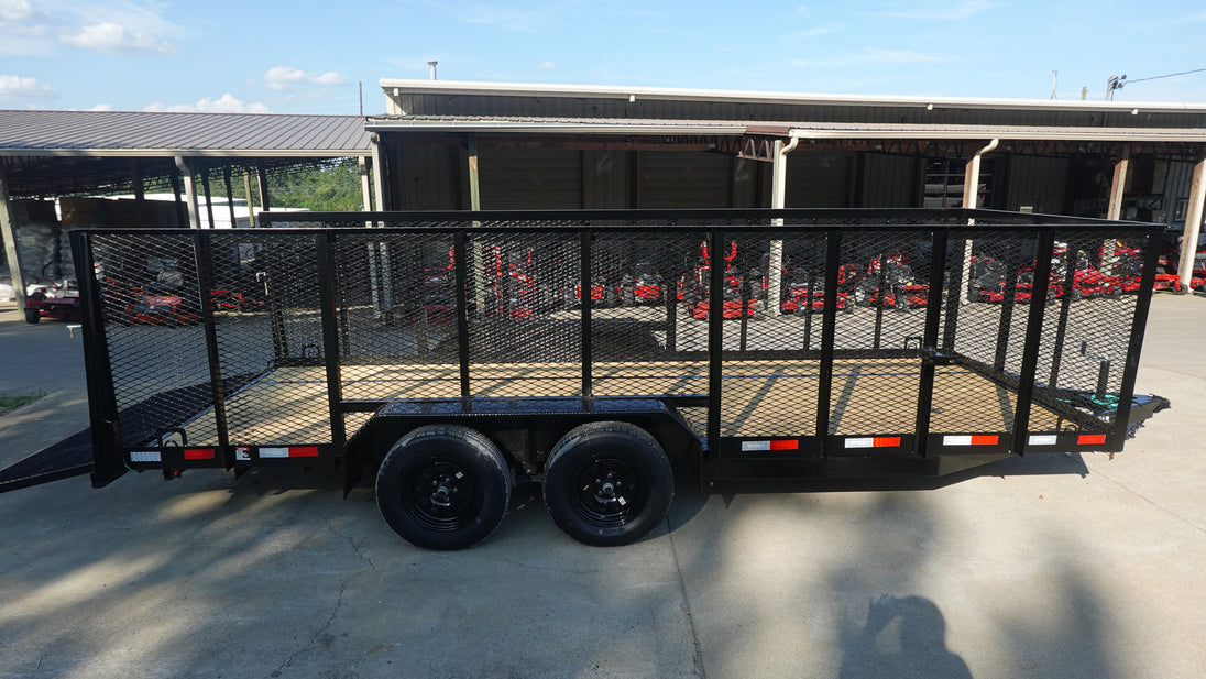 6.4x18 Straight Deck Utility Trailer 4ft Mesh (2) 3500lb Axles Right Side Gate Down