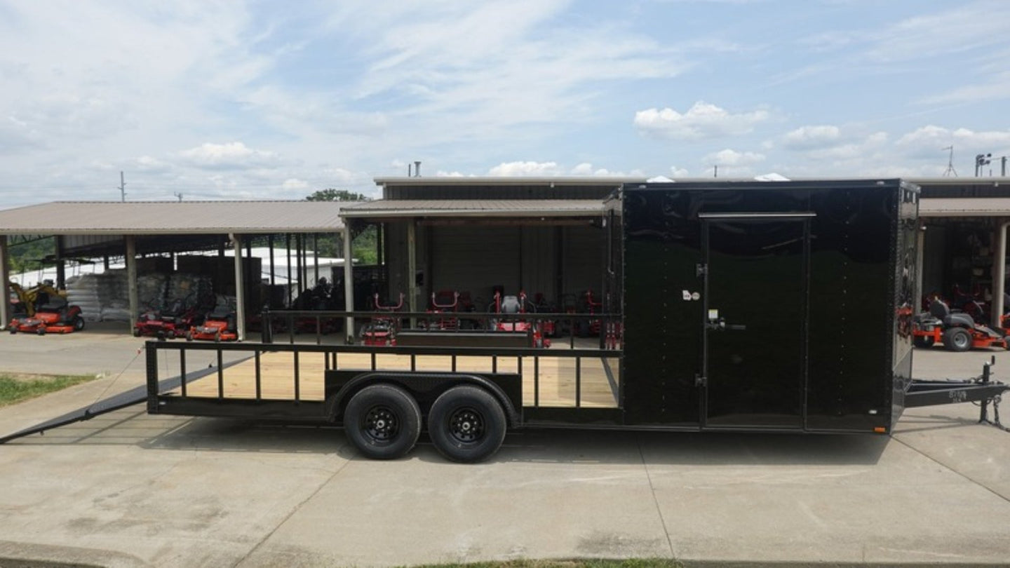 8.5x24 Black W/Black Out Hybrid Enclosed Trailer V-Nose (2) 7,000lb With Rails Right Side Gate Down