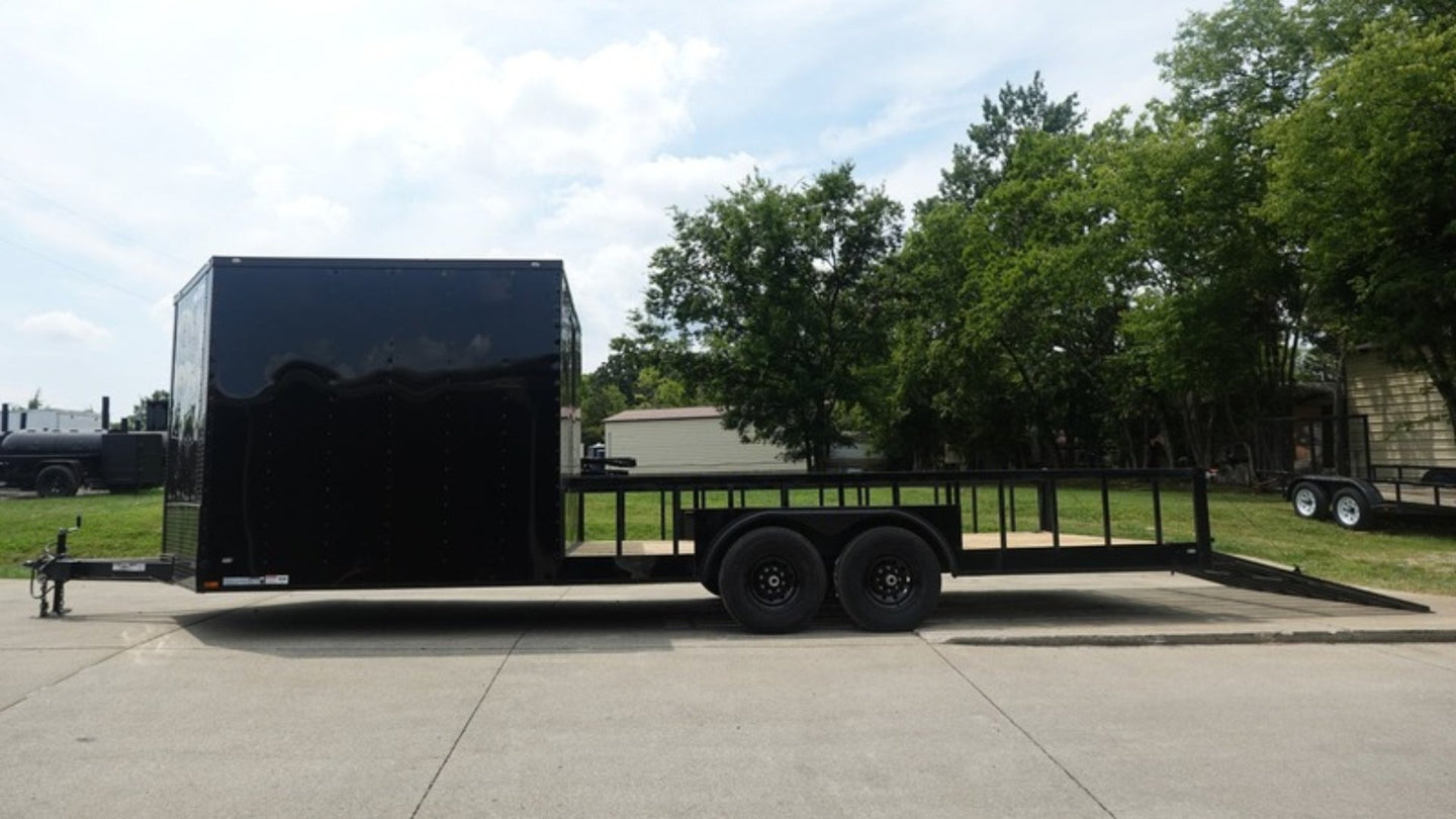 8.5x24 Black W/Black Out Hybrid Enclosed Trailer V-Nose (2) 7,000lb With Rails Left Side Gate Down