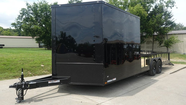 8.5x24 Black W/Black Out Hybrid Enclosed Trailer V-Nose (2) 7,000lb With Rails Front Left