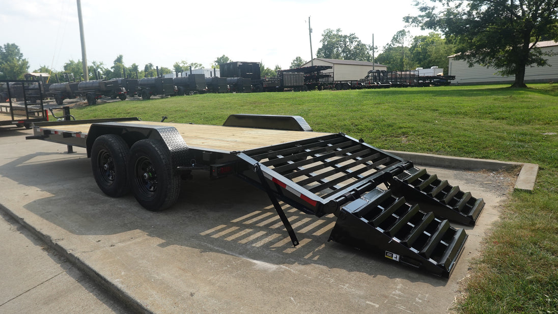 7x20 Equipment Trailer Dovetail (2) 7,000LB Axles with King Kong Ramps Left Side Ramps Down