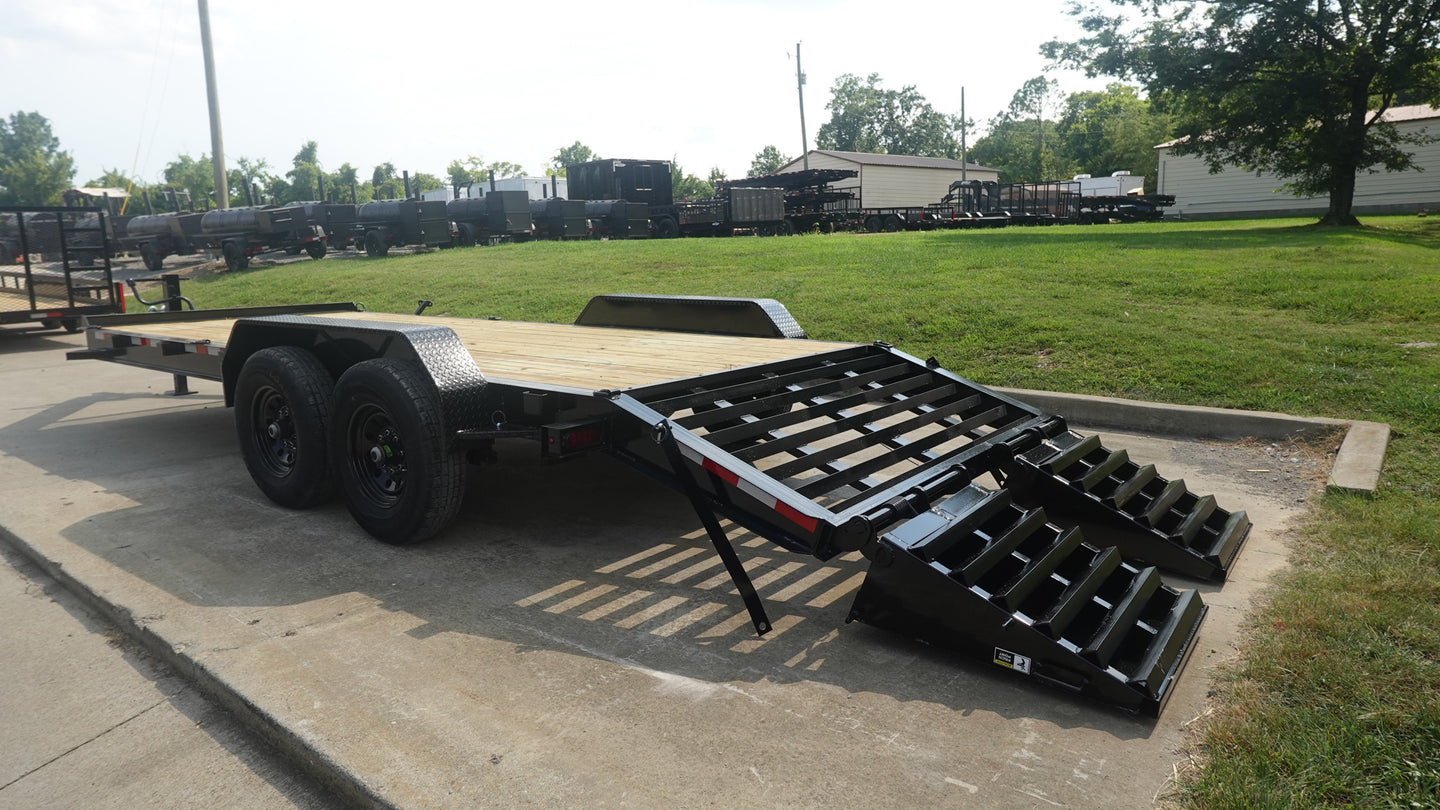 7x20 Equipment Trailer Dovetail (2) 7,000LB Axles with King Kong Ramps Left Side Ramps Down