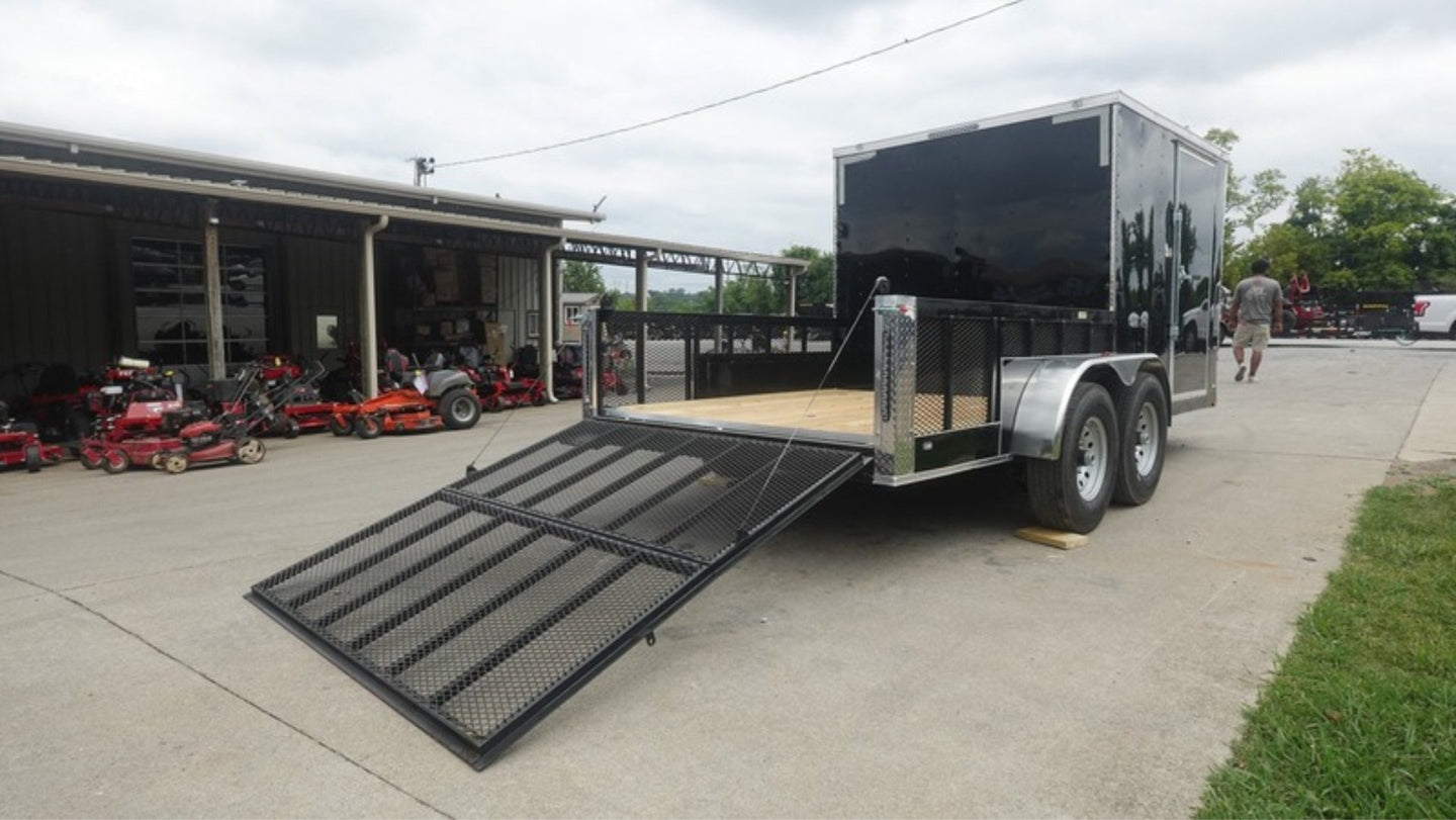 7x16 Black Hybrid Enclosed Trailer (2) 7000LB Axles Storage 14 Ply Tires Rear Right Gate Down 