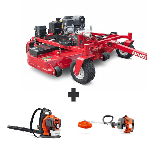 Bundle includes Encore 72 in pull-behind mower with 22 HP Briggs engine, Husqvarna 150BT blower, and Husqvarna 122L trimmer for powerful mowing and yard cleanup.