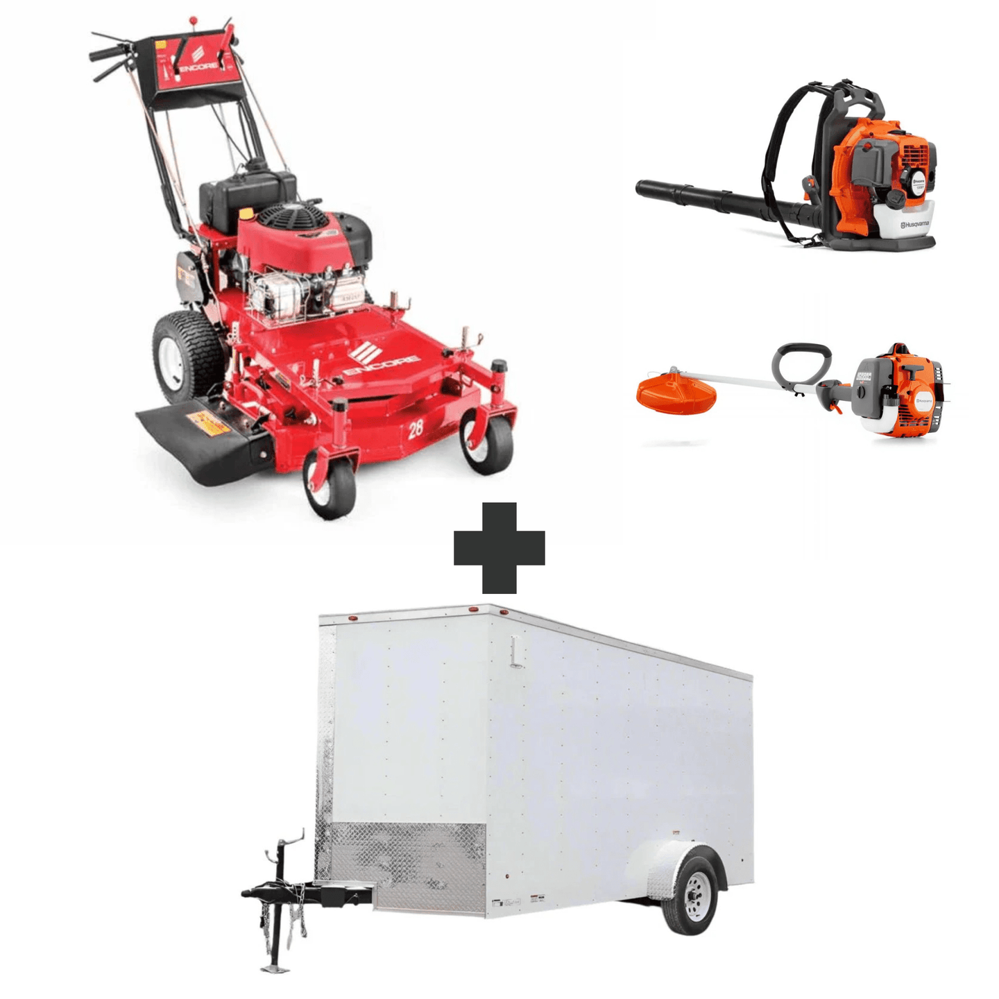 Bundle includes Encore 28 in mower, Husqvarna 150BT blower, Husqvarna 122L trimmer, and a 6x12 V-nose enclosed trailer with ramp and 3500 lb axle.