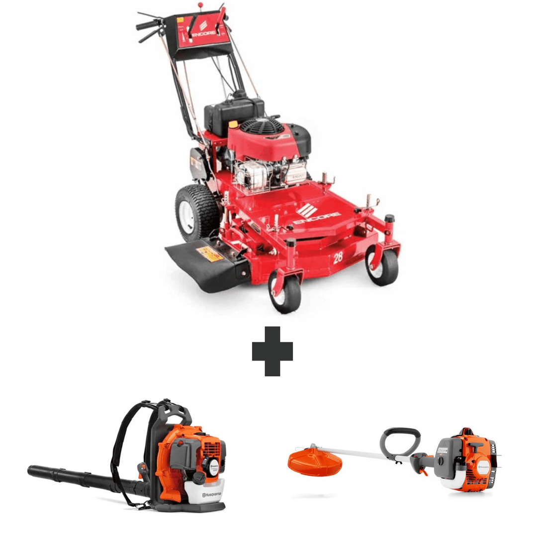 Bundle includes Bradley 32 in mower, Encore 28 in mower, Husqvarna 150BT blower, and Husqvarna 122L trimmer for reliable mowing, trimming, and yard cleanup.