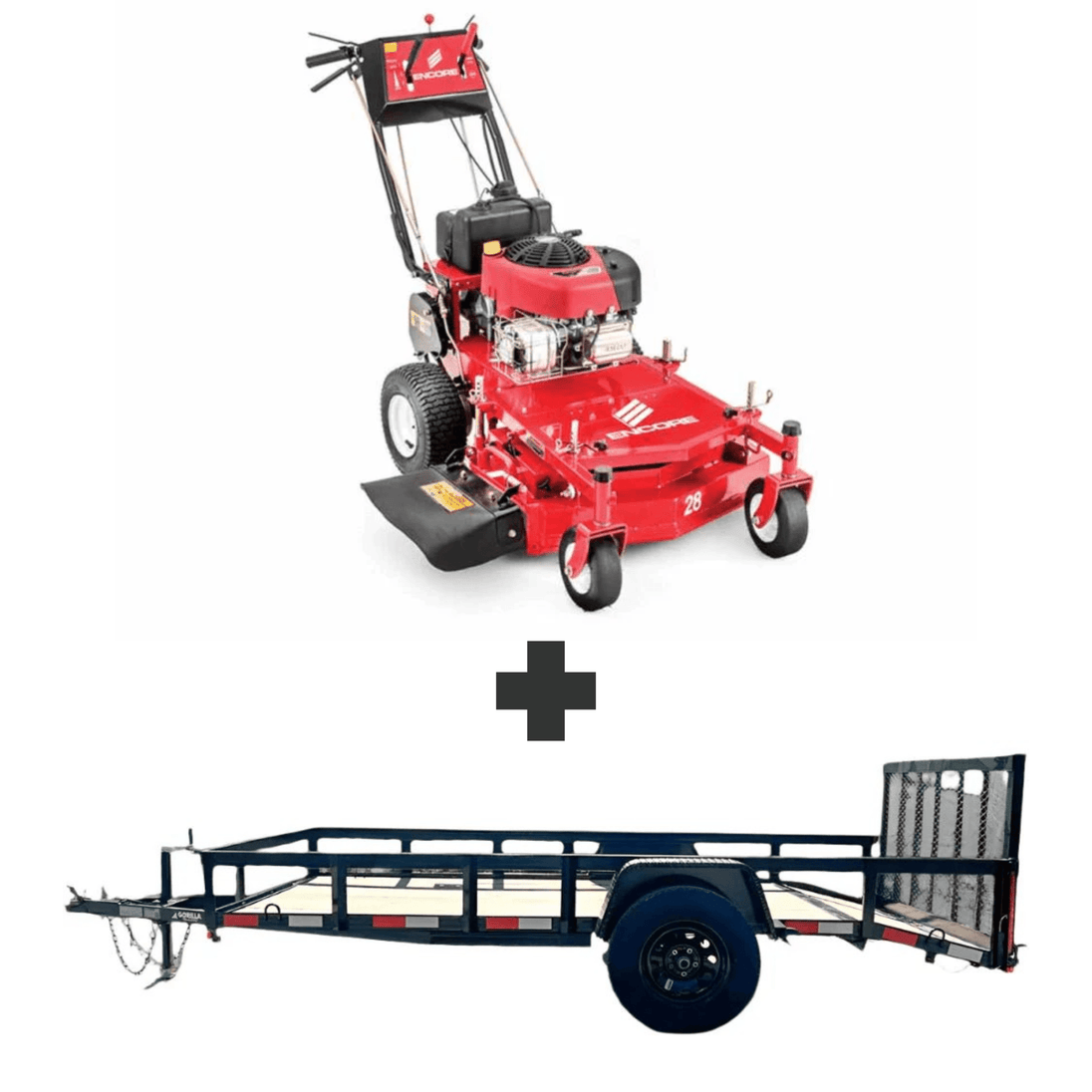 Bundle includes Encore 28 in walk-behind mower with 10.5 HP Briggs engine and a 5x10 utility trailer with 3500 lb axle and loading gate for easy transport.