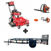 Bundle includes Encore 28 in mower, Husqvarna 150BT blower, Husqvarna 122L trimmer, and a 5x10 utility trailer with 3500 lb axle and loading gate for easy transport.