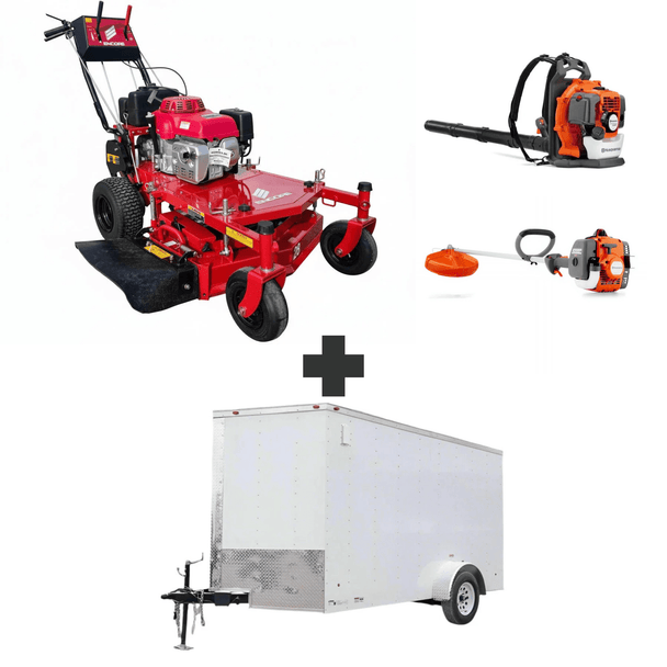 Bundle includes Encore 28 in mower with 10.5 HP Honda engine, Husqvarna 150BT blower, Husqvarna 122L trimmer, and a 6x12 V-nose enclosed trailer with ramp.