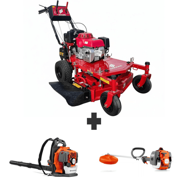 Bundle includes Encore 28 in mower with 10.5 HP Honda engine, Husqvarna 150BT blower, and Husqvarna 122L trimmer for reliable mowing, trimming, and cleanup.
